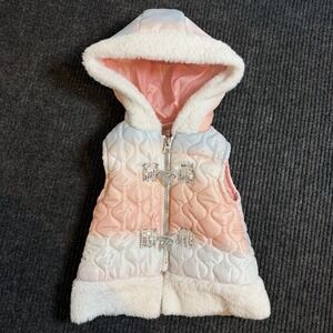Little Lass Peach Pink Sparkly Puffer Vest Faux Fur Hoodie Zip Size 12 months